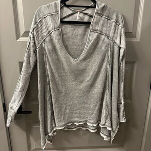 Free People Light Gray Waffle-Knit V-Neck Pullover
